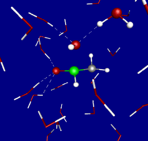 Transition state for the nucleophilic attack of hydroxide on formamide in aqueous solution as obtained from Car-Parrinello molecular dynamics simulation. 
